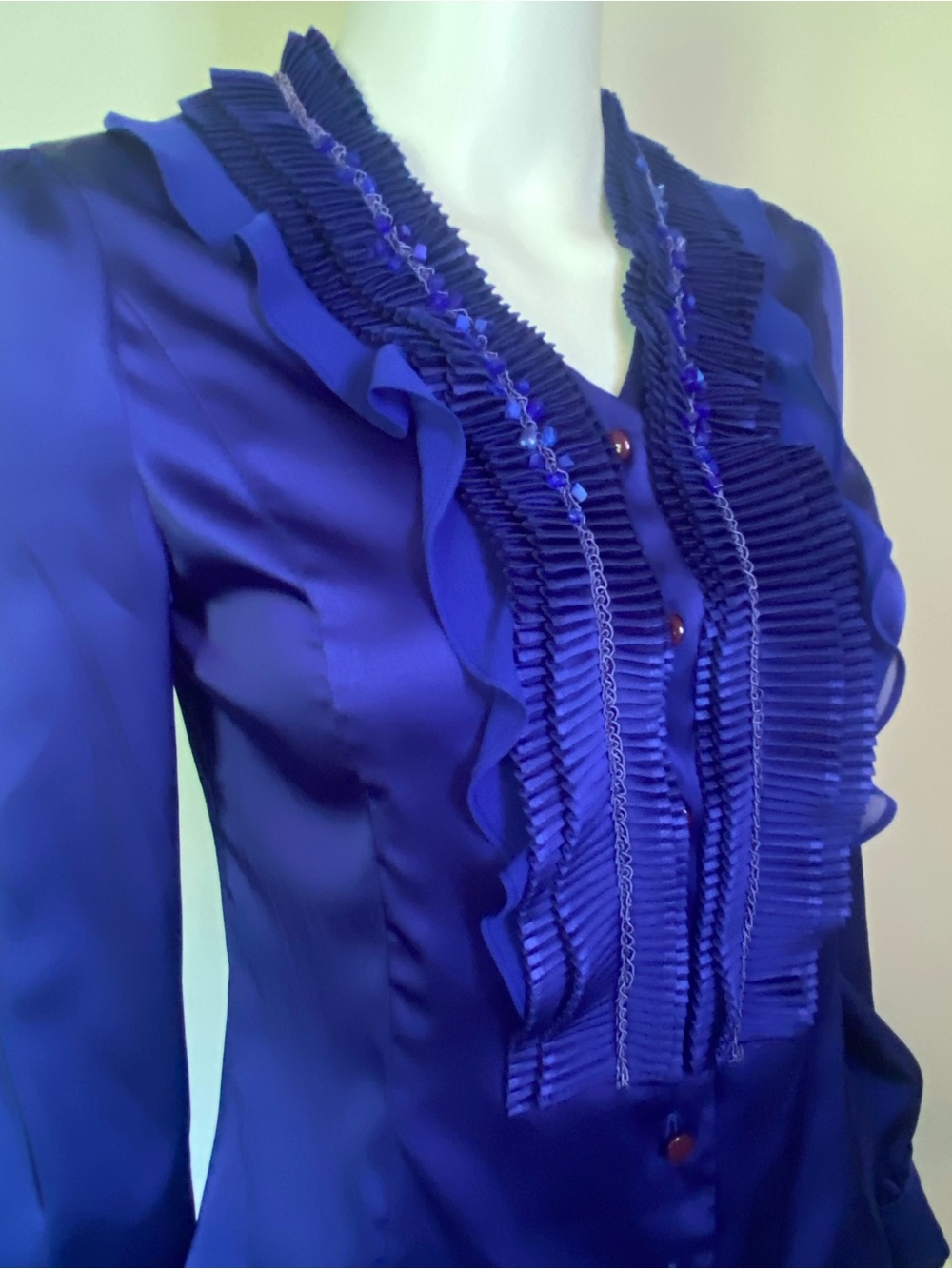 Women’s Royal Blue Ruffle-Front Button Blouse - Picture 5 of 13